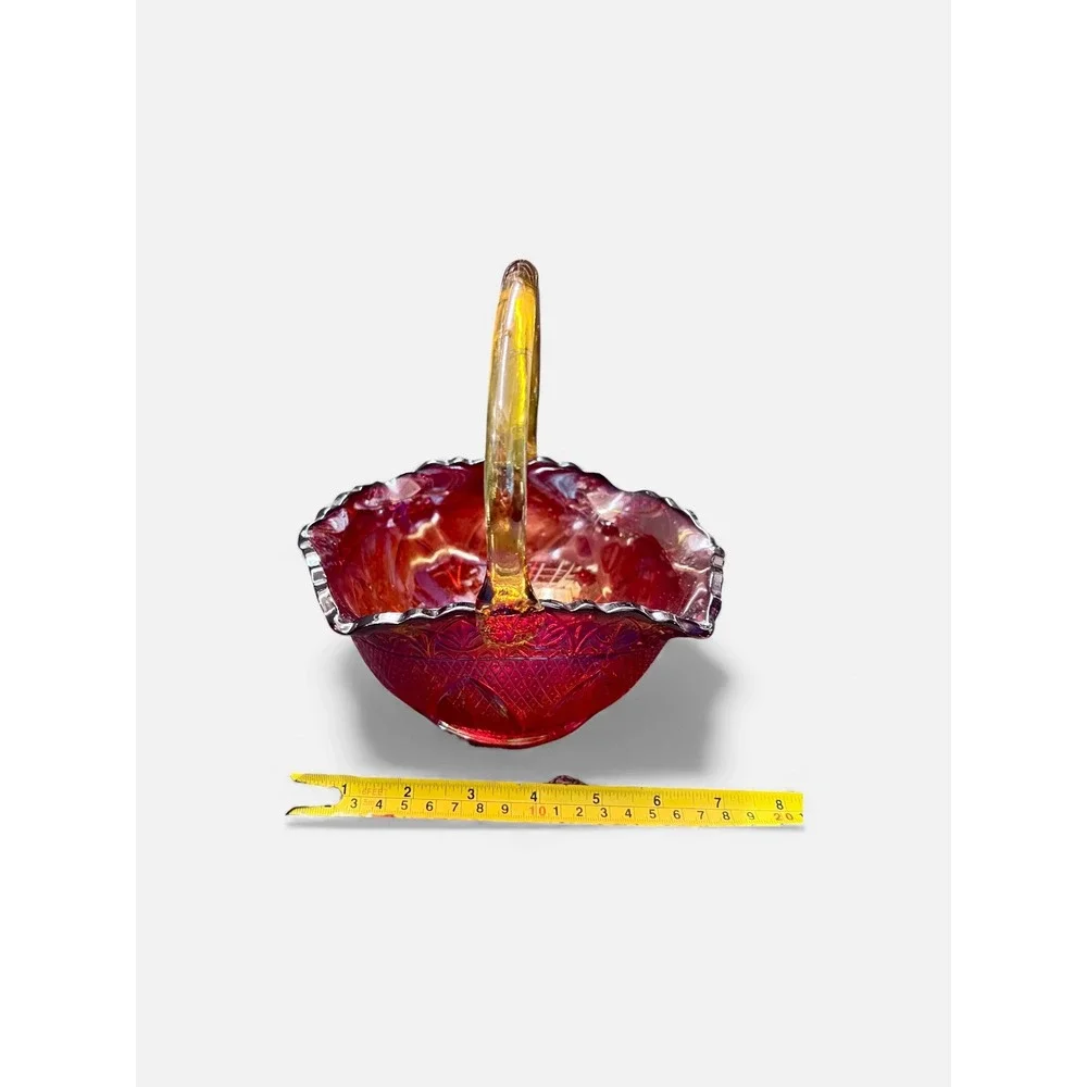 Carnival Glass Candy Dish Basket Hobnail Handle Iridescent Ruby Red Amber